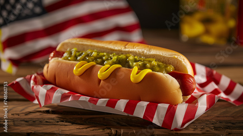 Perfection of a classic hot dog adorned with mustard and relish, set against a backdrop of iconic American symbols 