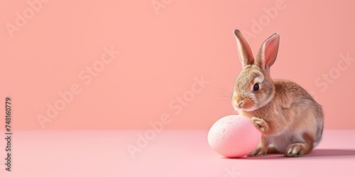 Brown rabbit holding his paws on a single light pink egg on a peachy background, ideal for a minimalist Easter banner or card