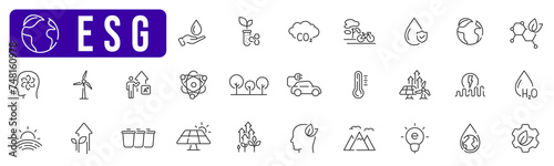 ESG related line icon set. Environment, green energy, leaf, eco, nature, co2,  etc. Editable stroke