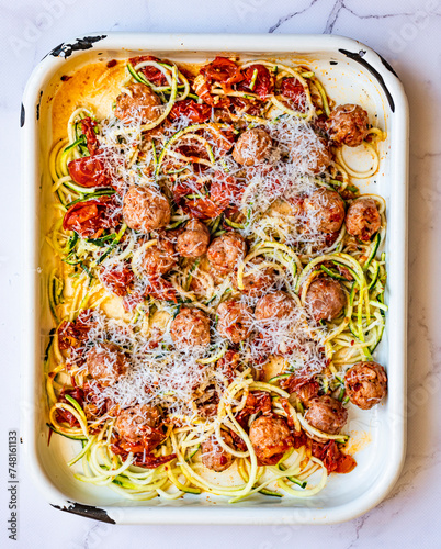 Pork Meatballs Traybake with Roasted Tomatoes and Zucchini Noodles photo