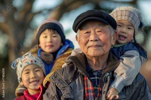 Beautiful scene of a grandfather with his grandsons in a park, looking a camera and smiling. 