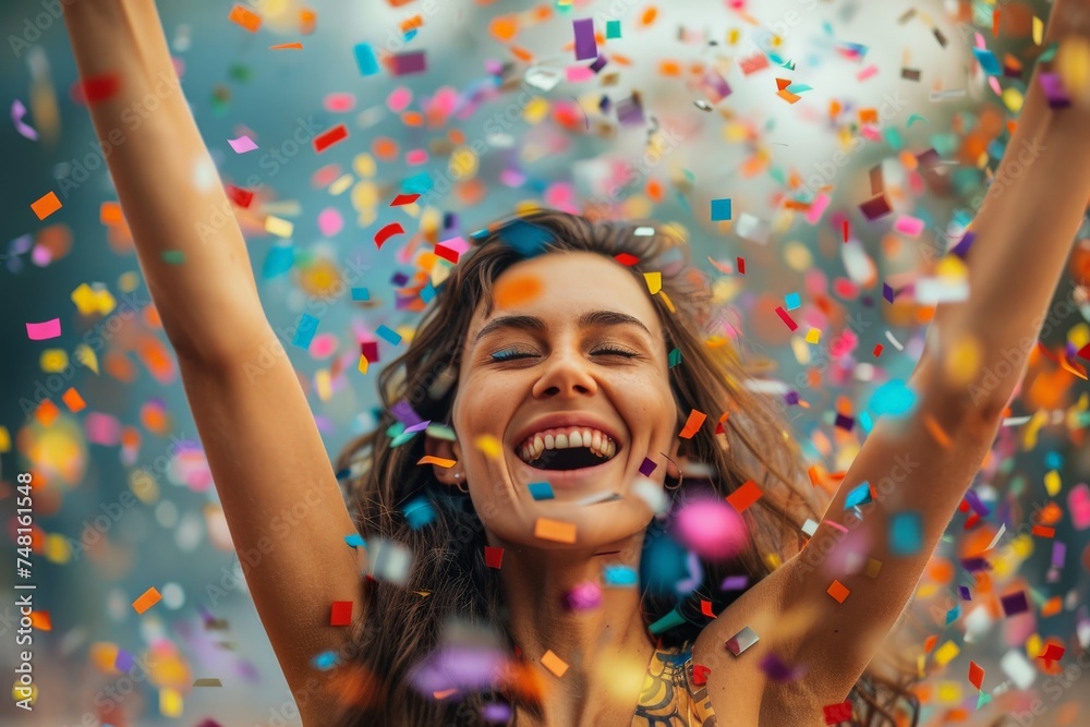 Obraz premium Happy woman with arms raised, surrounded by colorful flying confetti
