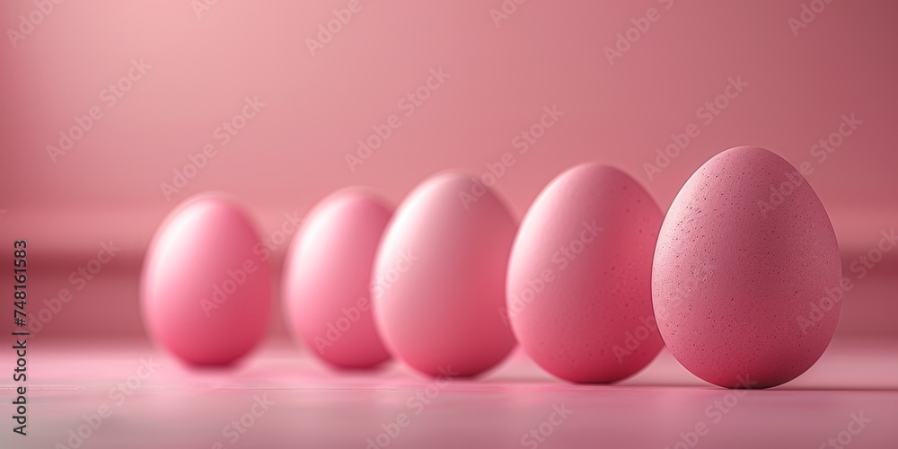 Gradient of pink Easter eggs aligned on a soft pink background with depth of field, copy space, banner