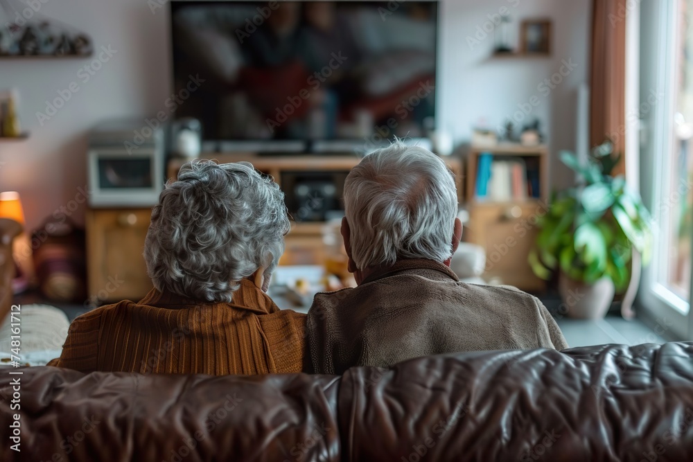 Back View of Senior Couple Relaxing on Couch, Watching TV at Home.