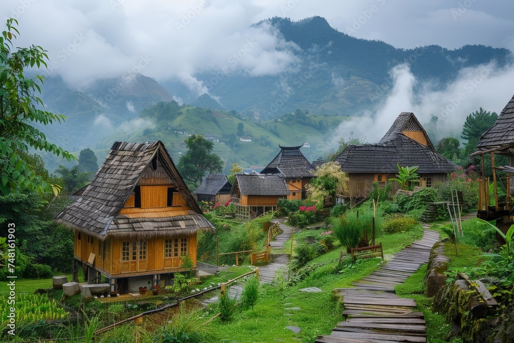 Scenic view of an idyllic mountain village with traditional houses surrounded by lush greenery and rolling fog Scenic view of an idyllic mountain village with traditional houses surrounded by lush greenery and rolling fog