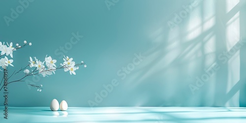 Crisp Easter morning with white eggs and delicate flowers against a cool blue backdrop with soft shadows  banner with copy space
