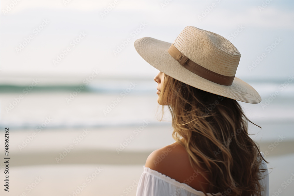 Woman in hat on beach relaxing in summer. Sunbathe, relax, vacation, travel, resort. International Women's Day.