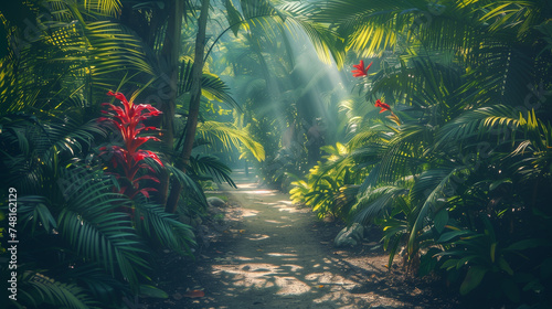 Lush Rainforest Canopy with Sunbeams Penetrating Tropical Foliage