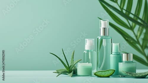 Aloe vera skincare flat lay, bottles and jars on a calming sea green surface with aloe leaves