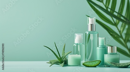 Wallpaper Mural Aloe vera skincare flat lay, bottles and jars on a calming sea green surface with aloe leaves Torontodigital.ca