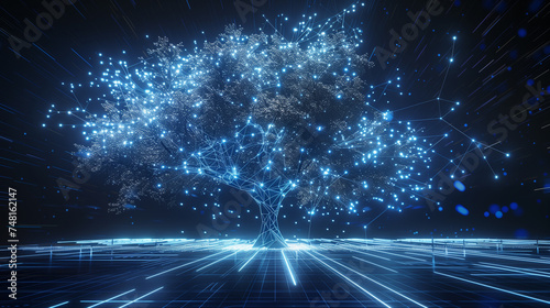 Abstract Network Tree with Sparkling Nodes on a Digital Landscape