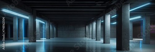 Underground garage with neon lighting. Empty 3d cyber concrete hall with industrial design and columns with basement exits and laser reflections on floor