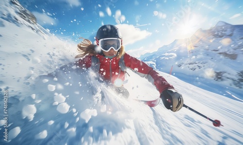 A woman skier carving on the snow. Low angle view photo