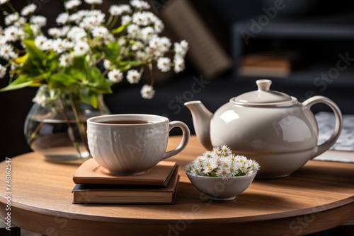 Tranquil tea time. serene scene with chamomile herbal tea and book in cozy sunlit room