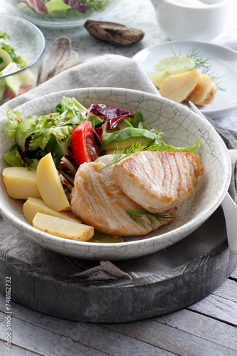 Fried markina steaks served with potatoes and lettuce