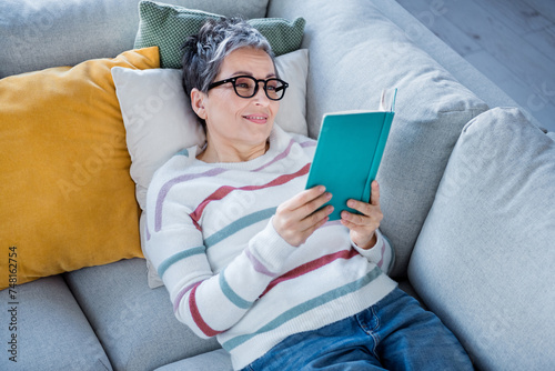 Photo of peaceful positive lady lying comfy couch read favorite book enjoy spend weekend morning flat inside