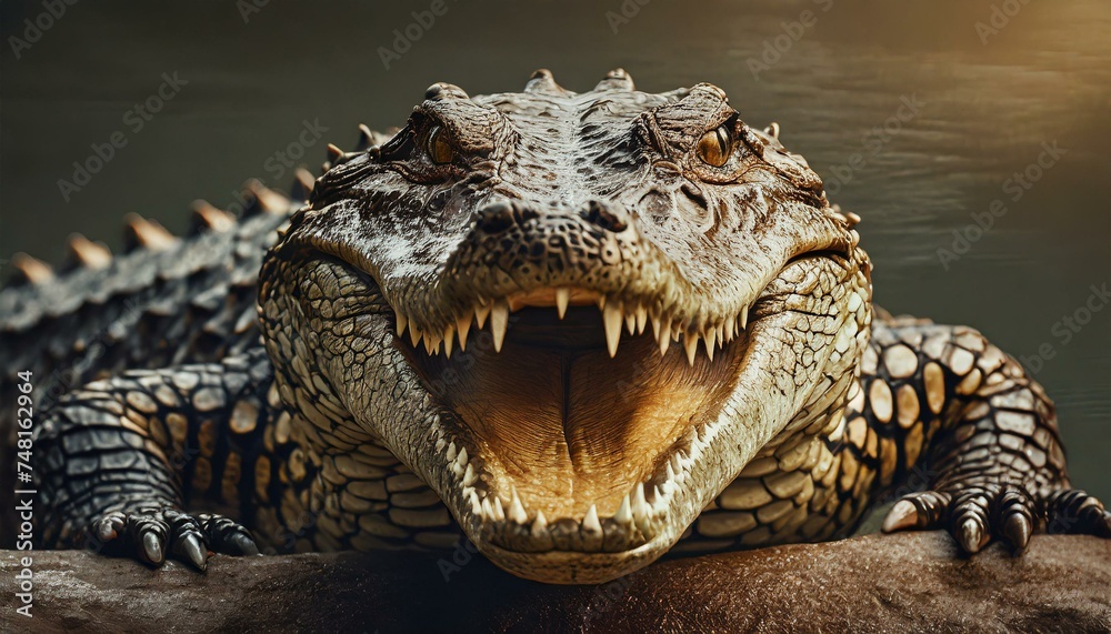 Obraz premium Intense Gaze: Close-up of Brown Crocodile with Jaw Agape