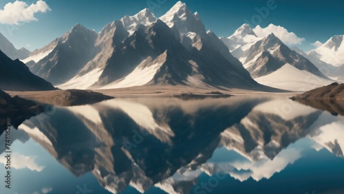 A crystal-clear mountain lake reflecting the surrounding scenery photo