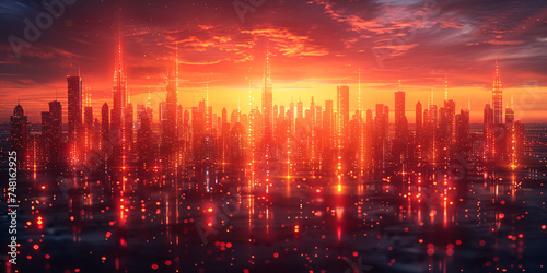 Futuristic cityscape glowing red at sunset  reflecting in water.