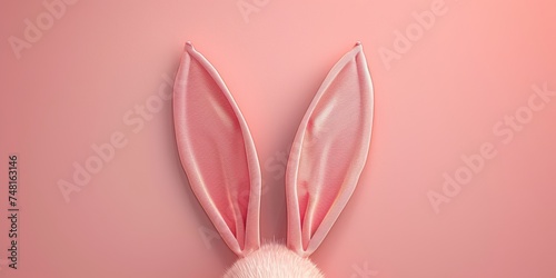 Peach rabbit ears popping up on a peach background, minimalistic Easter banner with ample copy space