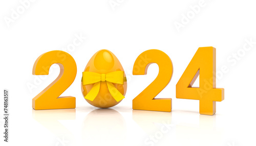 3d rendering of the year 2024 in orange with the number zero as an Easter egg with a yellow ribbon, on a reflective floor on a white background - vacation concept.