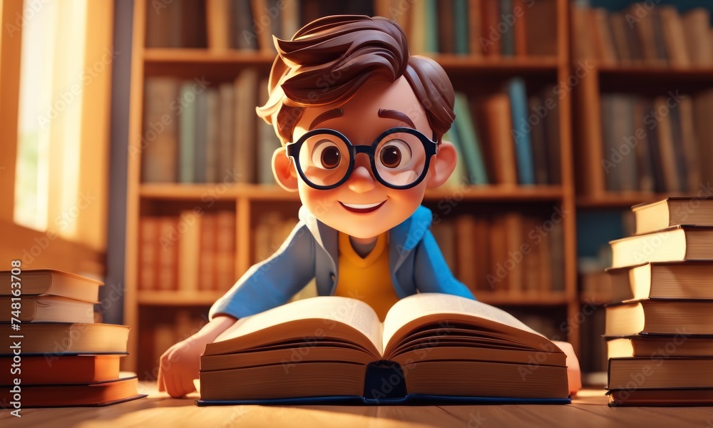 Single happy boy at the desk in library enjoy books. European boy explore books. Pupil loves lecture, education, preparing for school. Schoolboy in glasses in the world of paper books, cartoon style Single happy boy at the desk in library enjoy books. European boy explore books. Pupil loves lecture, education, preparing for school. Schoolboy in glasses in the world of paper books, cartoon style