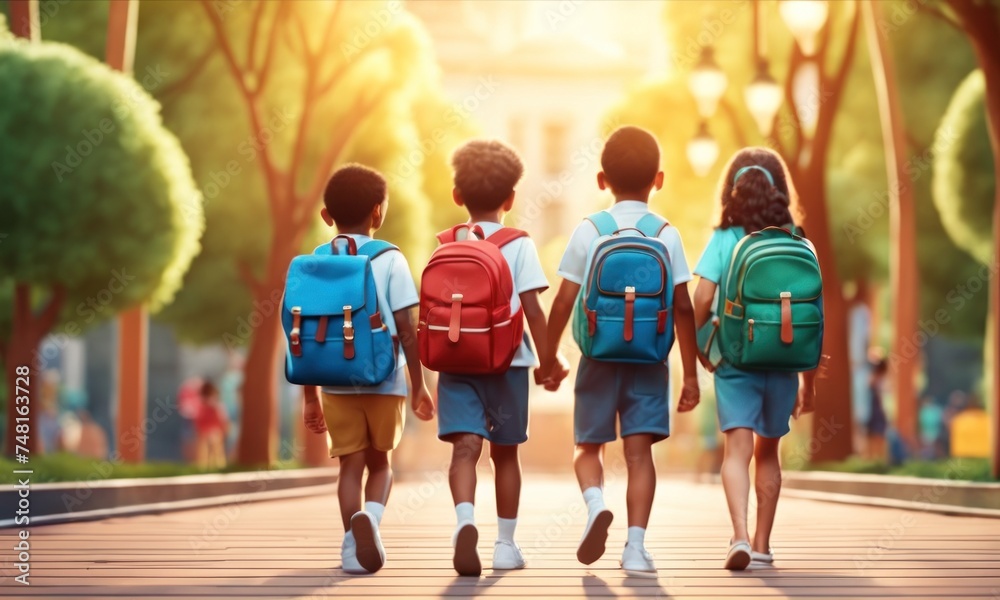 Obraz premium Back to school concept. Many children with backpacks coming back to school. Boys and girls with rucksacks jumping in the park near school. Pupils with books and backpacks outdoors. Cartoon style