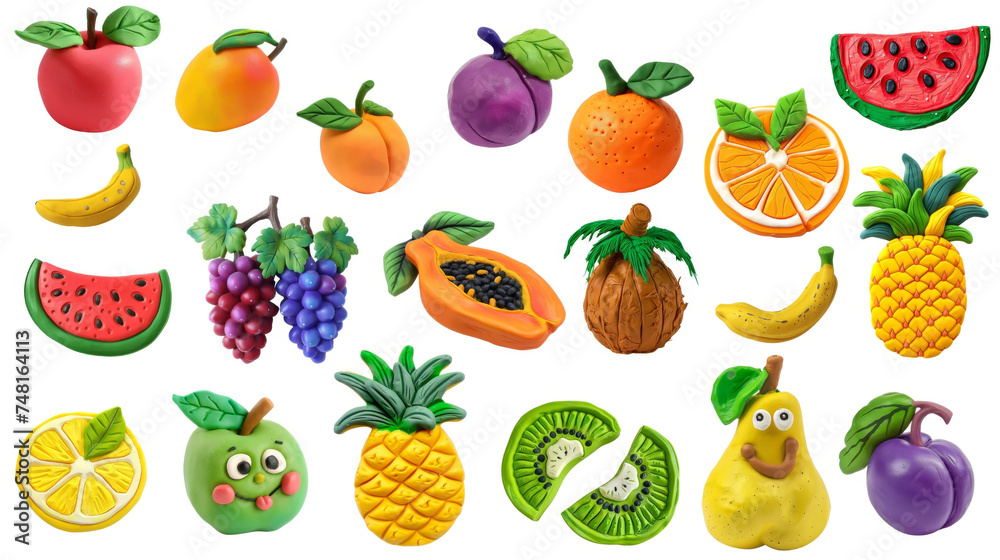 A collection of various fruits made of multicolored plasticine. 3D three-dimensional shapes. DIY for children, children's crafts. Isolate
A collection of various fruits made of multicolored plasticine. 3D three-dimensional shapes. DIY for children, children's crafts. Isolate