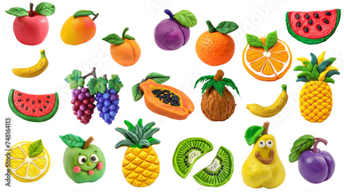 A collection of various fruits made of multicolored plasticine. 3D three-dimensional shapes. DIY for children  children s crafts. Isolate 