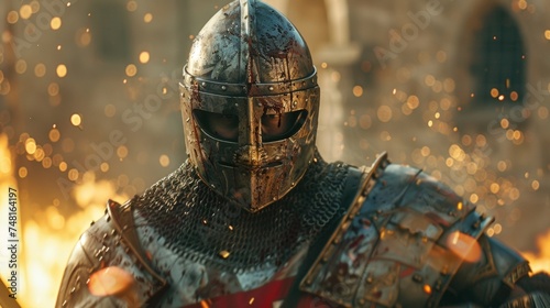 A knight with a fierce expression dressed in a suit of mismatched armor pieced together from previous battles.