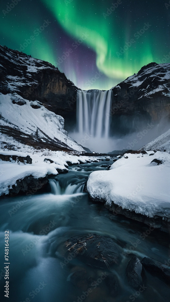 waterfall in a winter nature scene with snowy mountain and aurora light in cinematic style, beautiful composition, dynamic movement
