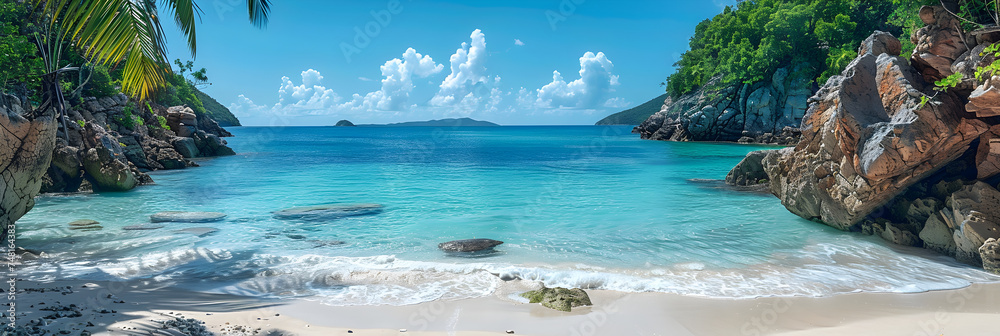 beach with palm trees Cinnamon Bay beach on Saint John, United States,
tropical paradise beach with white sand and coco palms travel tourism wide panorama background