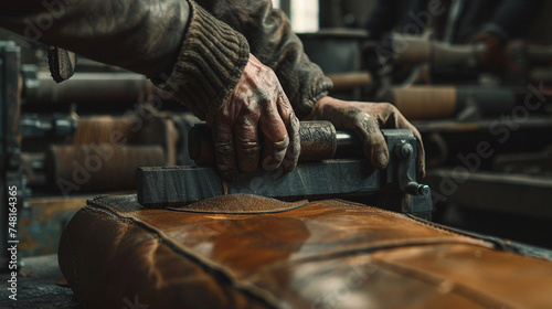 A close-up of a skilled leatherworker crafting a bespoke and intricately detailed leather bag realistic stock photography