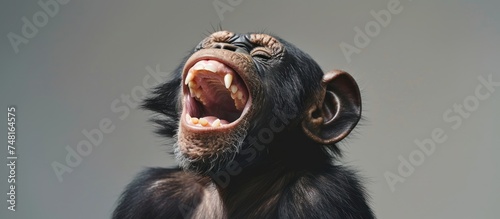 portrait a chimpanzee primate laughing broadly on a gray background. Generated AI image photo