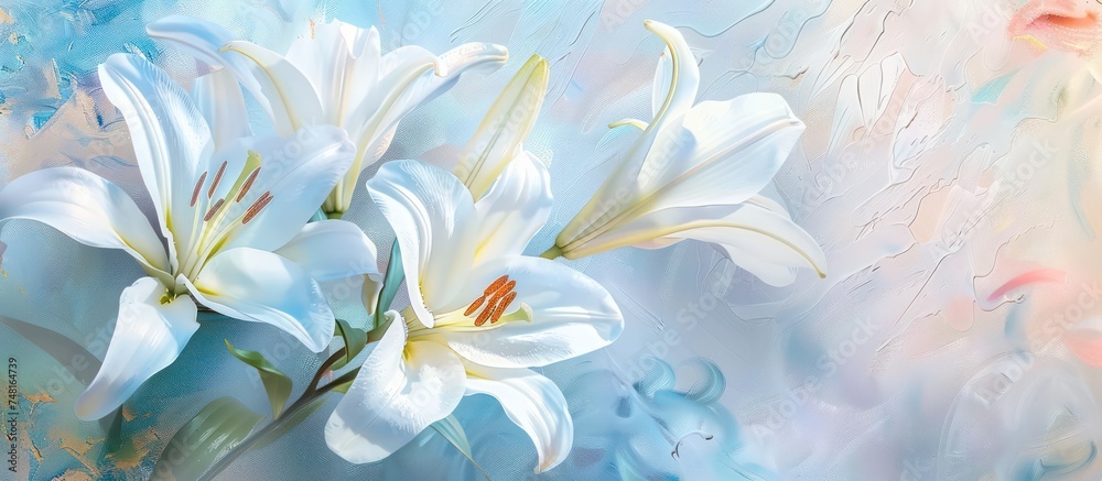 Symbolizing gentleness, purity, and virtue, a close-up of beautiful white lilies forms the background.