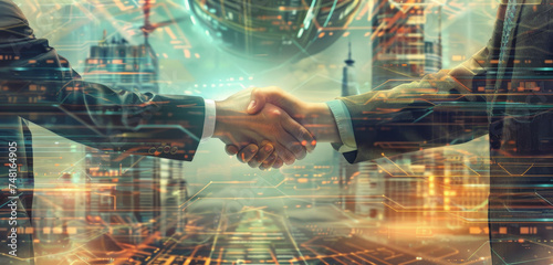 Two professionals shaking hands, overlaid with a digital cityscape.