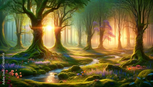 Enchanted Spring Forest at Dawn  A Luminous Stream Amidst Vivid Blooms