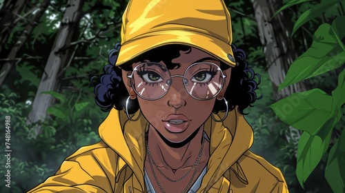 a black woman wearing a yellow hat and glasses in a forest with a yellow jacket and a yellow hoodie.