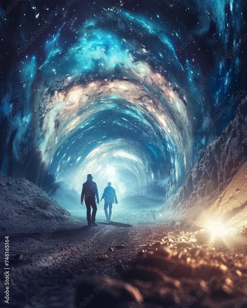Obraz premium Travelers navigate a fantasy tunnel their path lit by the ethereal glow of a warp gate promising passage to unknown realms