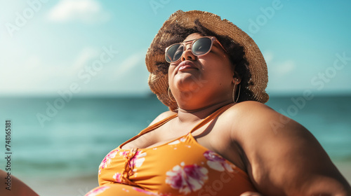 Mulher jovem e bonita em traje de banho e chapéu relaxando na praia photo