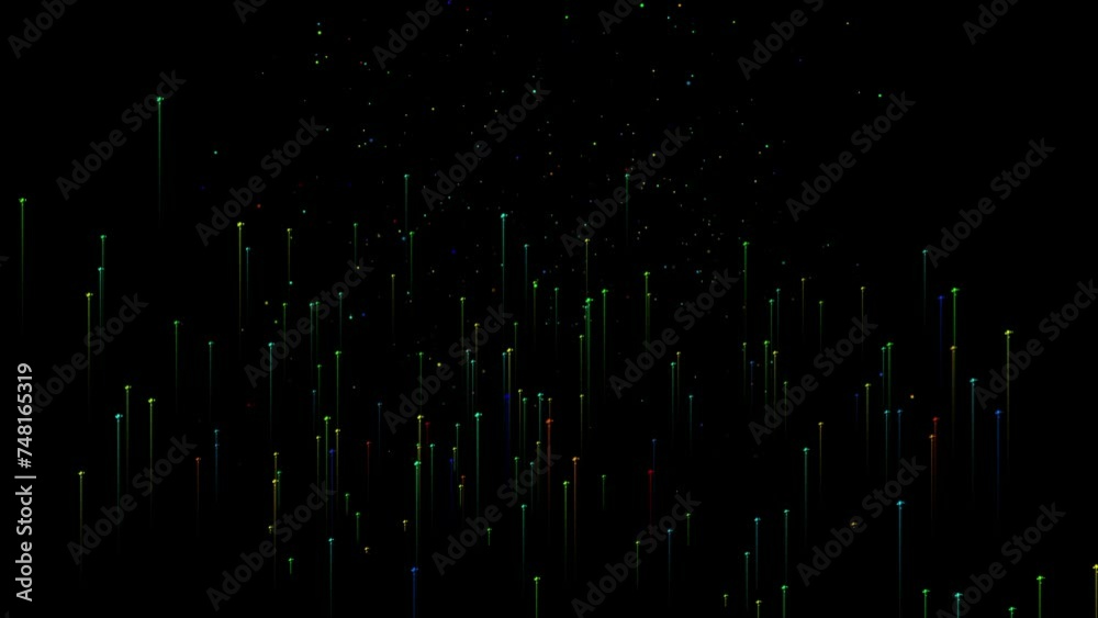 Colorful animation of flying glowing particles. Abstract glowing particle line and glitter flying motion. Particles in motion move slowly through space. Colorful animation of flying glowing particles. Abstract glowing particle line and glitter flying motion. Particles in motion move slowly through space.