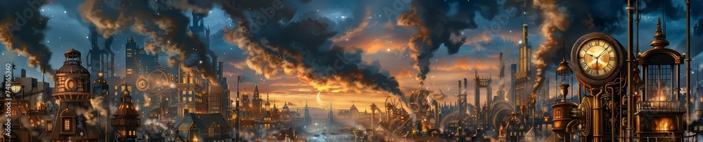 Steampunk city with quantum teleportation booths brass gears and steam rising against a twilight sky