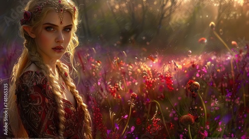 a woman in a red dress standing in a field of flowers with long braids and flowers in her hair. photo