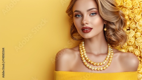 a woman in a yellow dress with a pearl necklace on her neck and a yellow rose wall in the background. photo