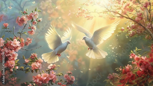 Tranquil Easter painting with doves ascending above a sunrise embodying peace and new beginnings amidst spring blossoms photo