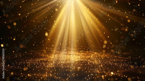 Golden light rays scene background resembling an award stage with rays and sparks