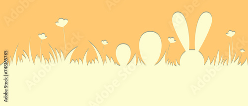 Easter pattern with bunnies and easter eggs. Hand drawn easter horizontal background with bunnies  flowers  easter eggs.