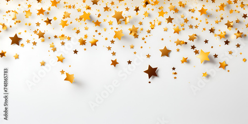 Golden glitter stars on delicate blue backdrop Top view Holiday concept New year and Christmas time.