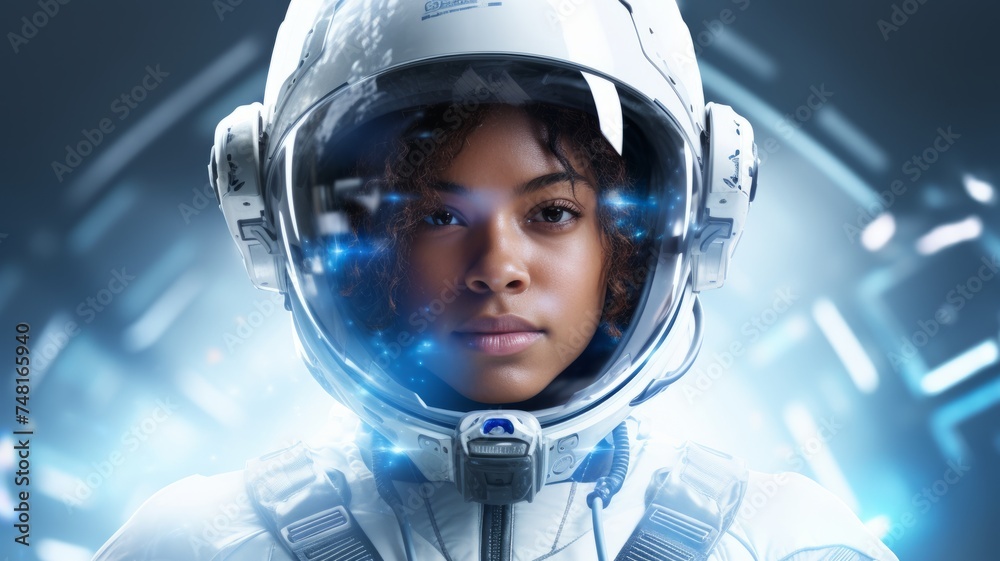 Portrait of a young astronaut with a reflective visor, set against a futuristic, illuminated space background. Portrait of a young astronaut with a reflective visor, set against a futuristic, illuminated space background.