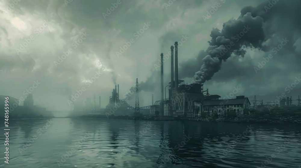 Aerial perspective, the power plant's towering pipes release black smoke into the atmosphere, contributing to pollution. Ecology concept. AI-generated. - obrazy, fototapety, plakaty 